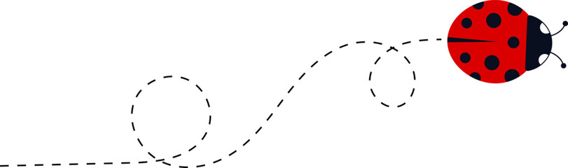 Cute ladybug characters collection. Flying ladybug with dotted path. Ladybugs flying on dotted route. ladybug icon set. Insects group. Vector illustration isolated on white.