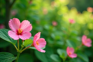 Fototapeta premium Soft pink blooms in the foreground amidst lush greenery, flowers, garden