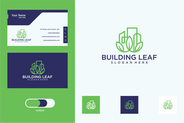 Business Card And Logo Design Set With Green Pixel Art Building And Leaf