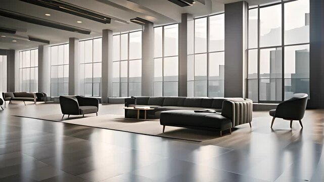 Modern empty hall interior with bean bag chairs and sofa by panorama window with natural light
