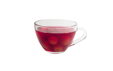 Sweet refreshing berry compote from ripe cherries in a glass isolated on white background.