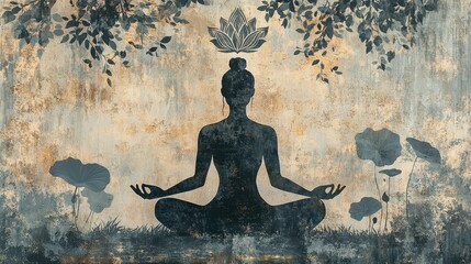 A silhouette figure sits in a meditative pose surrounded by lotus flowers, embodying peace and tranquility under foliage. The serene backdrop enhances the calm atmosphere