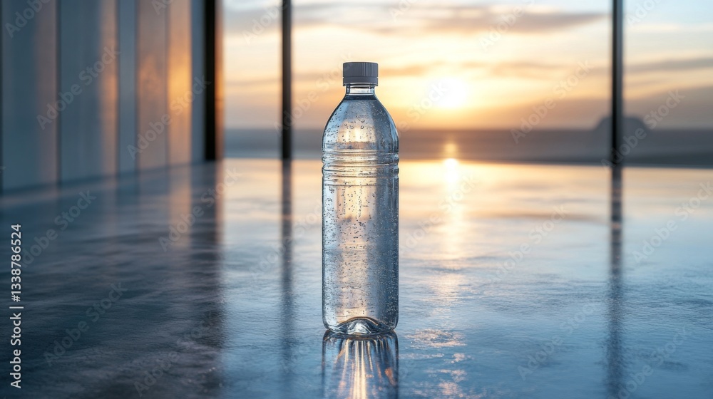 Poster a water bottle stands on a shiny surface, reflecting the warm hues of a sunset over the ocean. the e