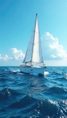 Naklejka premium Vessel sails in blue open sea with white foam, water, weather