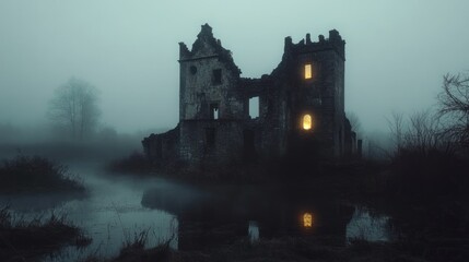 Obraz premium Misty Ruins of a Haunted Castle by a Pond