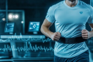 A medical background with a running man and a futuristic blue holographic interface displaying health statistics, a cardiogram with copy space.