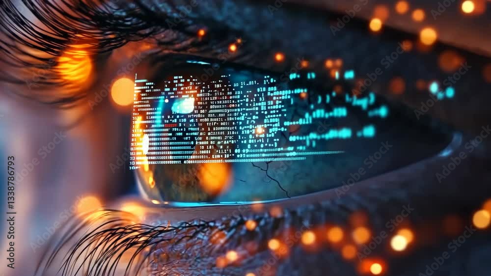 Poster A closeup of a human eye shows intricate digital data streams and colorful particles, illustrating the blend of human perception and advanced technology in todays business landscape