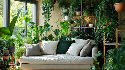 Cozy indoor living space filled with lush greenery and natural light during the day