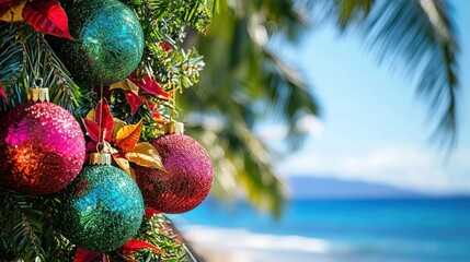 Tropical Christmas decorations by a beach resort.