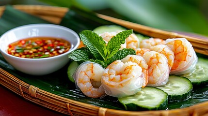 Delight in the vibrant flavors of these exquisite shrimp spring rolls, a culinary masterpiece featuring succulent shrimp, crisp cucumbers, and fragrant mint leaves, all meticulously rolled to