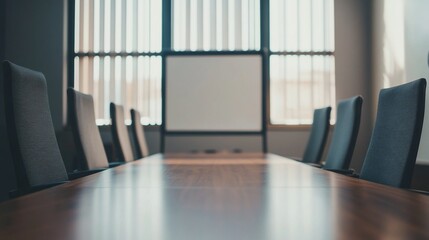 Fototapeta premium Empty conference room with wooden table and multiple gray chairs ready for a meeting