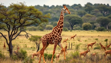 Obraz premium Giraffe Walking Across African Savanna with Group and Acacia Tree Wildlife Scene