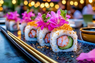 Elegant shrimp sushi rolls, artfully arranged on a sophisticated black plate, offer a delightful culinary experience Golden-rimmed chopsticks add a touch of opulence, inviting one to savor the