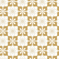 Abstract geometric pattern with squares, crosses, stripes, lines. Seamless vector background. White and gold ornament. Modern reticulated graphic design.