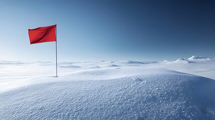 Vibrant red flag stands tall in snow-covered landscape, casting long shadows on pristine white dunes under clear blue sky, embodying winter solitude.