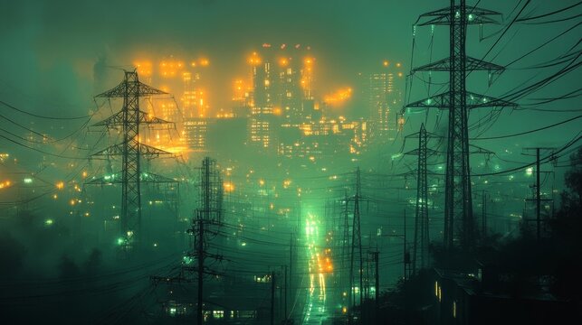 Green Energy Grid Illuminating A Futuristic Cityscape at Night. Generative AI