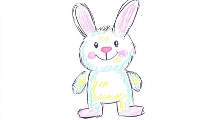 A colorful, playful cartoon bunny is drawn in soft pastels with friendly facial features. It stands upright, showcasing its round body, floppy ears, and cheerful expression