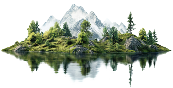 Mountain island with lush greenery reflecting in water, isolated on transparent cutout background