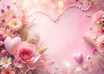 Soft Pink Boho Valentine's Day Background with Floral and Heart Details - Stock Photo