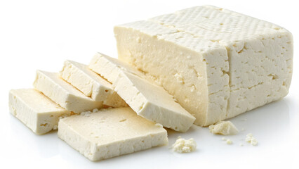 French dairy cheese slices like Camembert and Brie are isolated on a white background as a fresh ingredient and snack
