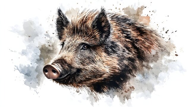 Watercolor Painting of a Wild Boar Head