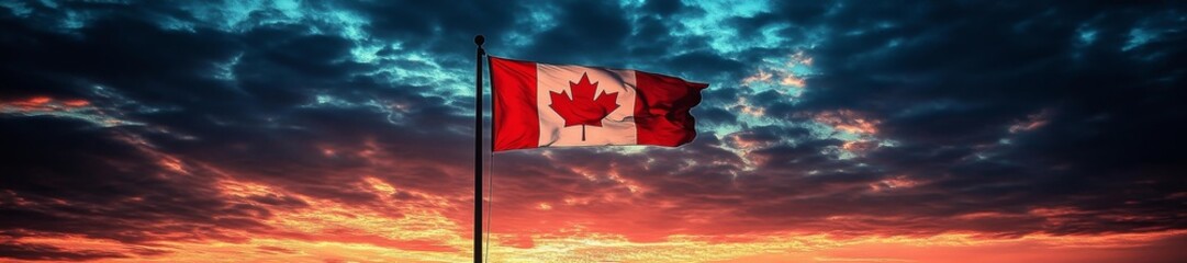 A dramatic sunset with a Canadian flag in the foreground gently waving in the wind. Generative AI