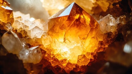 Golden quartz crystals cluster close-up