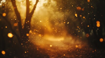 Naklejka premium Golden hour forest path, soft light, blurred bokeh, background