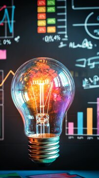 A bright light bulb symbolizes innovation and creativity, set against a dynamic backdrop of colorful graphs and charts that illustrate the link between ideas and measurable business progress