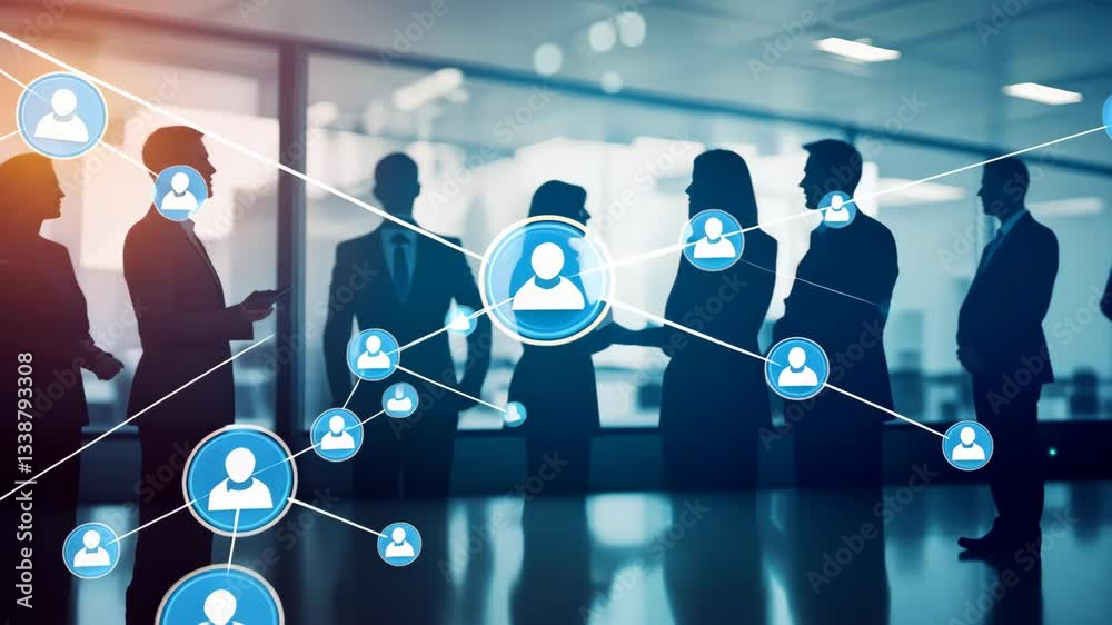 Poster In a busy corporate environment, silhouettes of individuals are encircled by digital icons representing strong networking and technology, emphasizing collaboration and innovation in business today