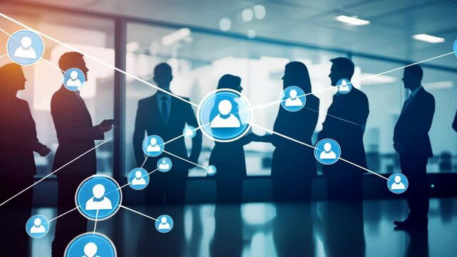 In a busy corporate environment, silhouettes of individuals are encircled by digital icons representing strong networking and technology, emphasizing collaboration and innovation in business today
