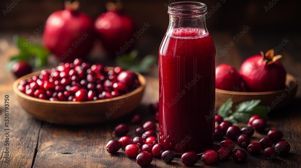 Poster a glass bottle filled with vibrant cranberry juice stands tall amid a backdrop of fresh cranberries 