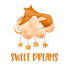 Infant fox sleep on cloud with stars. Bedroom poster for bedroom nursery. Watercolor hand drawn illustration for baby born