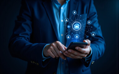 A business professional uses a mobile device to manage a smart home network interface, highlighting digital connectivity and technological integration.