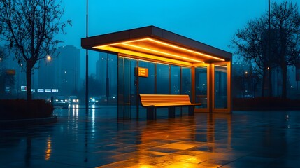 Fototapeta premium Illuminated bus stop glows with warm yellow light at night, modern glass shelter and wet pavement reflect golden streaks in moody urban darkness.