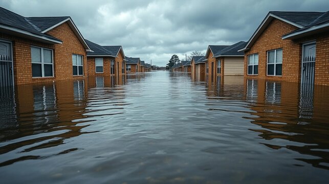 Flooded Neighborhood with Homes Submerged in Rising Water Levels. Generative AI