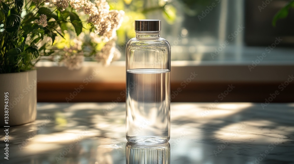 Poster a transparent glass water bottle filled with water stands on a marble surface. sunlight streams thro