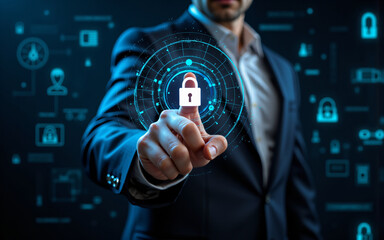 Fototapeta premium A businessman in a suit interacts with a digital interface, touching a padlock icon, symbolizing cybersecurity and data protection in a technological setting.