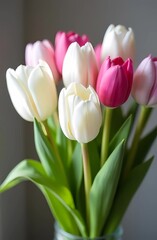 Fototapeta premium Spring flowers for International Women's Day and Mother's Day. Bouquet of white and pink tulips