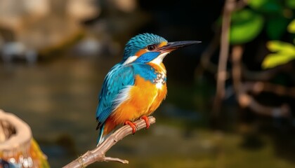 Fototapeta premium Colorful Kingfisher Bird Perched on a Branch with Orange and Blue Feathers