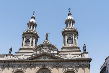 Historic cathedral with twin towers in Santiago, Chile.