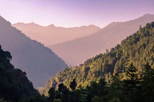 Sunrise in the mountains. Forest tree Rainforest ecosystem and healthy environment concept background Texture of green tree forest view Beautiful sunrise over the hills of North Himalaya.