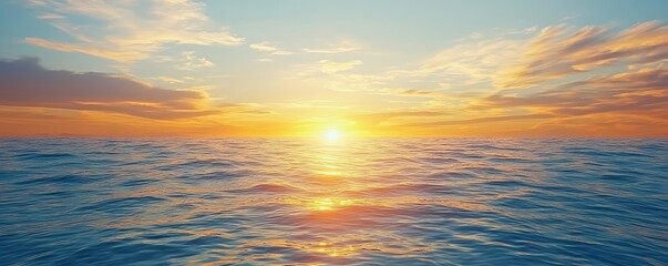 Fototapeta premium Sunset over ocean landscapes idea. A breathtaking sunset over calm ocean waves, creating a serene coastal atmosphere.