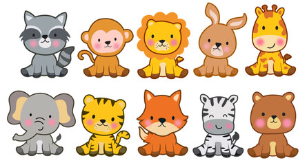 cute wild animals cartoon illustration baby shower woodland bear tiger lion zebra giraffe elephant monkey fox rabbit raccoon