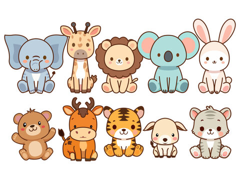 cute wild animals cartoon illustration baby shower woodland bear tiger lion zebra giraffe elephant monkey fox rabbit raccoon