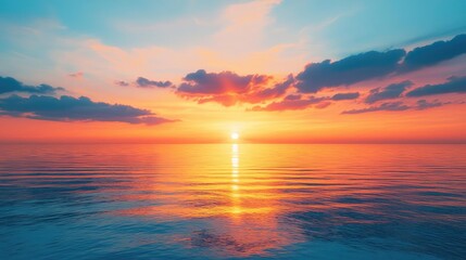 Obraz premium Sunset over ocean landscapes idea. Stunning sunset over calm water, showcasing vibrant colors and serene atmosphere.