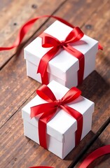 Obraz premium White gift boxes with red silky ribbon on wooden table with copy space. Celebrating women's day and mother's day.