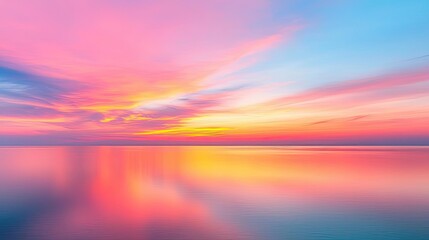 Sunset over ocean landscapes idea. A vibrant sunset reflecting on calm waters, painted in hues of pink and blue.