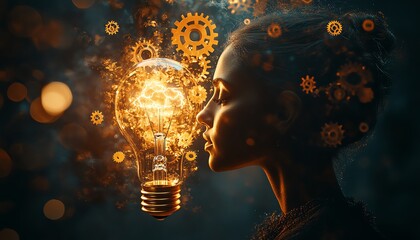 A silhouette with glowing gears and a lightbulb inside, symbolizing innovation and creative thinking, ultrarealistic, highresolution, neon accents