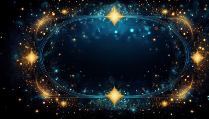 fancy beautiful border frame of sparkling magical dust particles with sparks and golden stars shine background with copy space